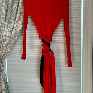 Hugo Boss Knit Red Long Sleeve Ribbed Top with Red Black Belt Detail